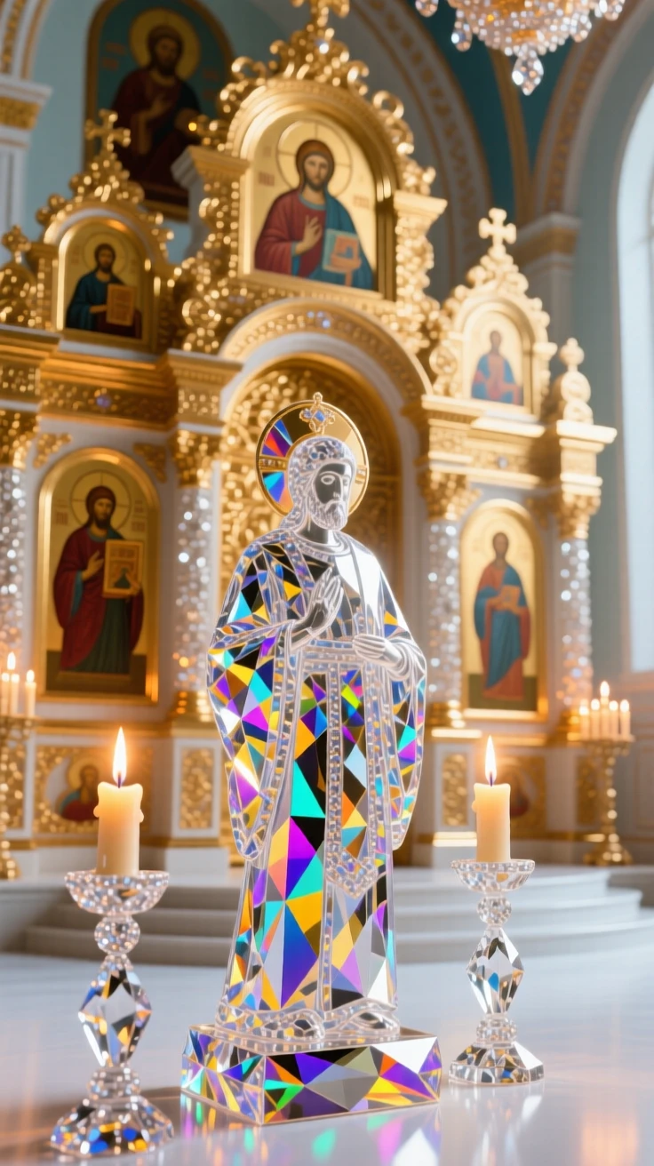 The interior of an ornate Russian Orthodox church with gilded iconostasis and candlelight.