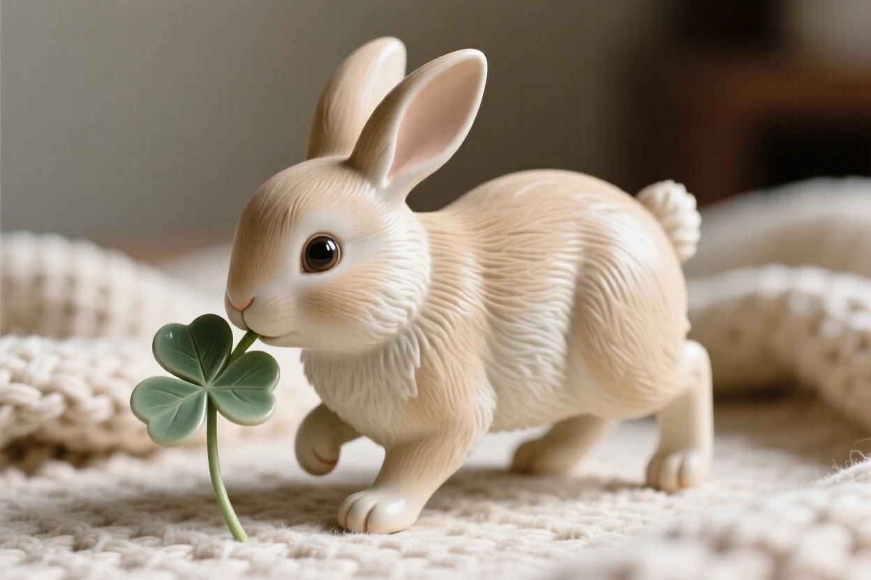 A fluffy baby bunny nibbling a clover leaf caught mid-wobble in a first clumsy step, surrounded by soft, cozy textures, conveying gentle warmth perfect for any family space.