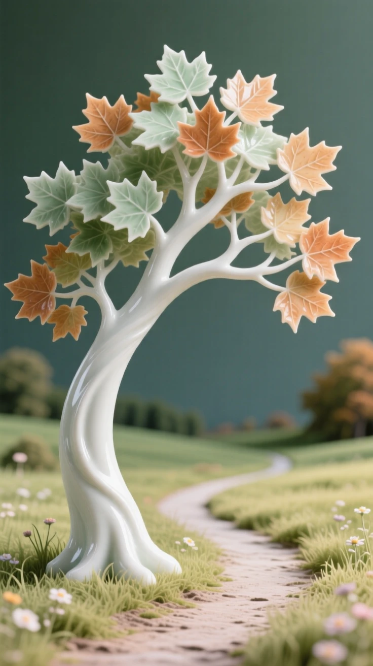 A towering maple tree arching gracefully over a quiet path in a peaceful countryside meadow.