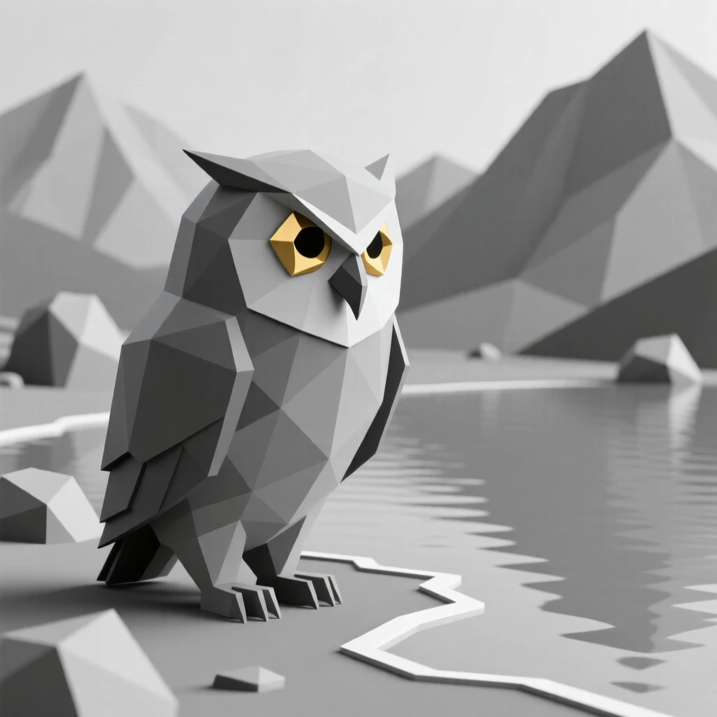 A gray owl with piercing golden eyes, beside a crystal-clear mountain lake. delicate detail is visible in the fur and eyes. The mood is tender and intimate.