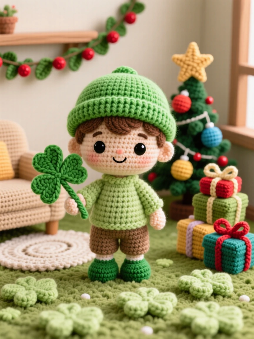 A festive scene of a small boy holding a lucky four-leaf clover with a bright green cap, standing in a field of clovers within a cozy living room decorated for the holidays; a small pile of wrapped presents nearby, radiating the joyful anticipation of a favorite season.