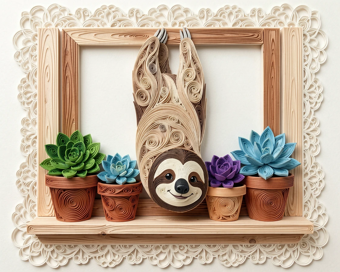 a baby sloth hanging upside down with a sleepy smile, on a windowsill lined with potted succulents, shown from a gentle overhead perspective, with delicate lace-like texture along the edges.
