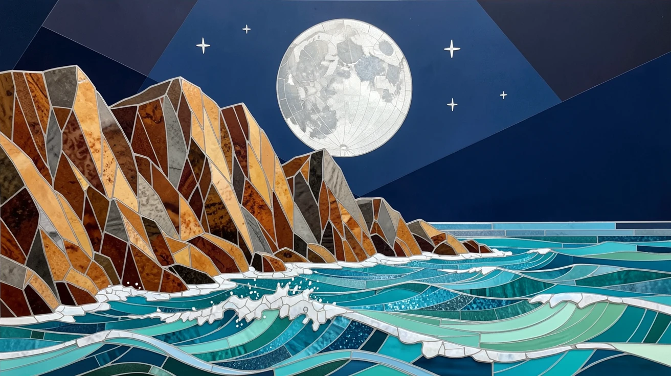 A rugged coastline with towering cliffs and crashing turquoise waves, glowing under the silver light of a full moon.