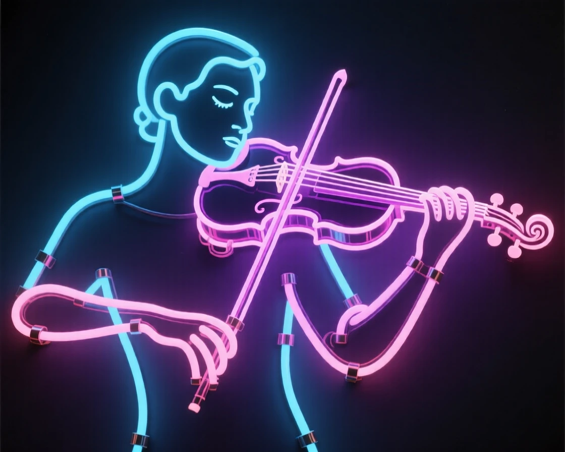 A violinist mid-performance with eyes closed in concentration.
