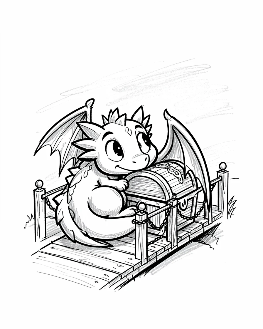 A small friendly dragon curled around a treasure chest beside a drawbridge at dusk.