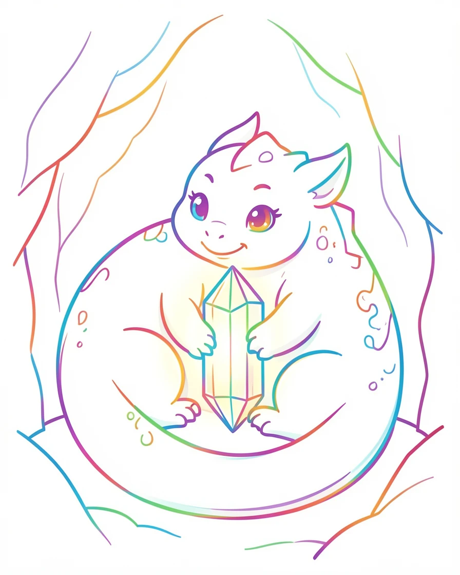 A pudgy baby dragon curled around a glowing crystal in a cave.