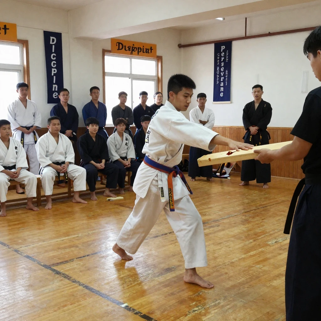 A martial arts student breaks a wooden board during a belt promotion test.