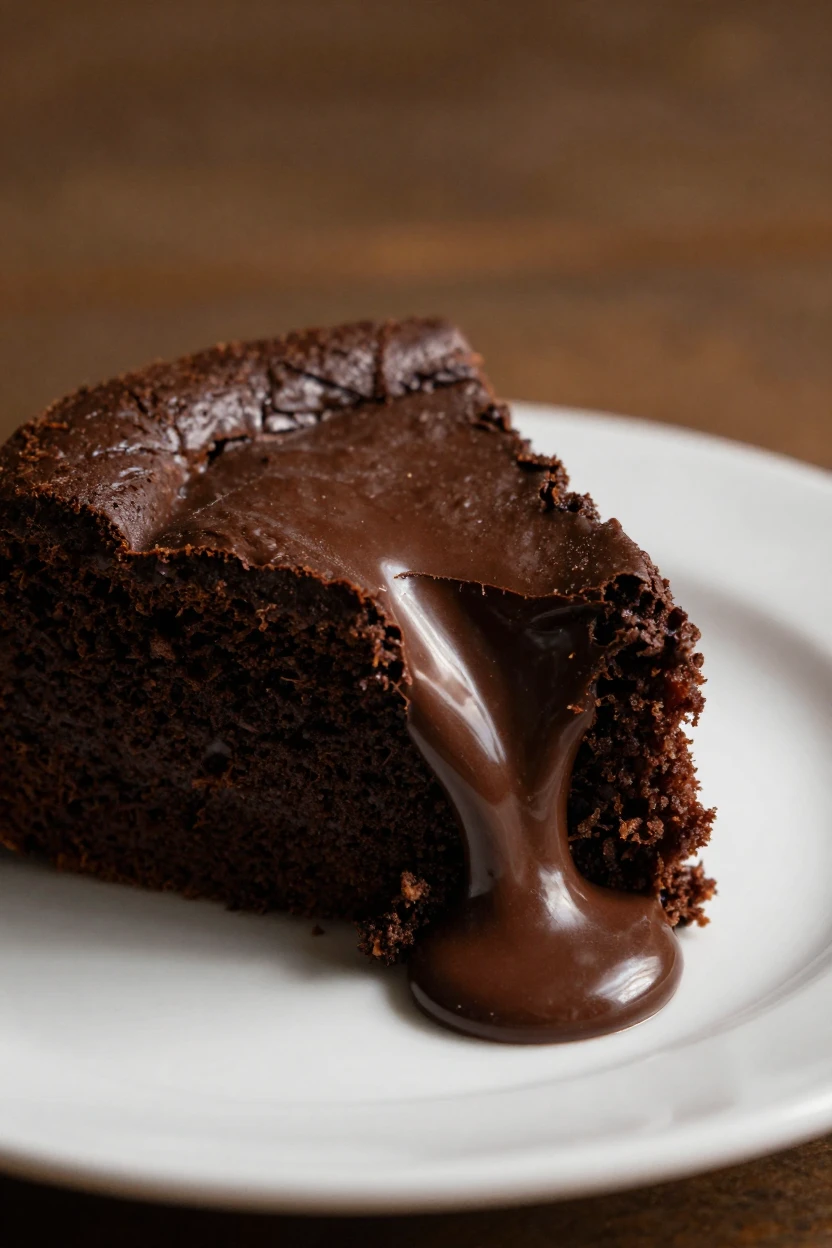 A slice of chocolate lava cake oozing warm molten center onto a white plate