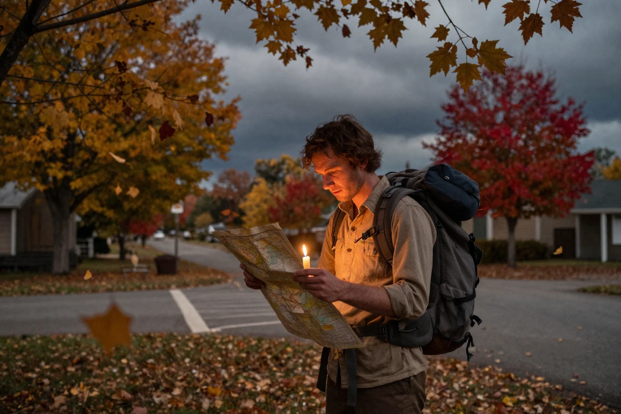 A backpacker studying a paper map at a rural crossroads, under flickering candlelight, under a darkening storm sky, as autumn leaves turn gold and red, in warm honey and cream tones, peering through foliage in the foreground.
