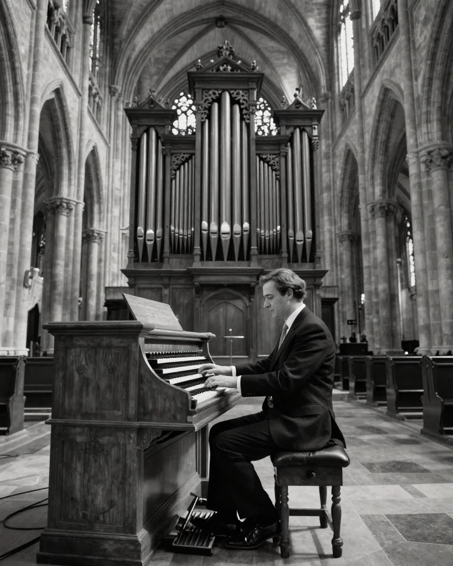 A church organist fills the hall with a booming chord inside a grand old cathedral.