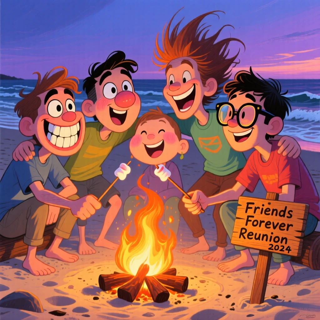 A group of friends celebrating a reunion around a bonfire on the beach.