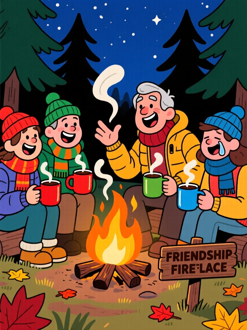 A heartwarming scene of a group of lifelong friends gathered around a campfire telling stories, with steam rising from mugs of hot cocoa.