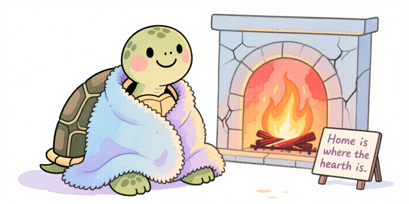 A turtle wrapped in a soft blanket by a fireplace