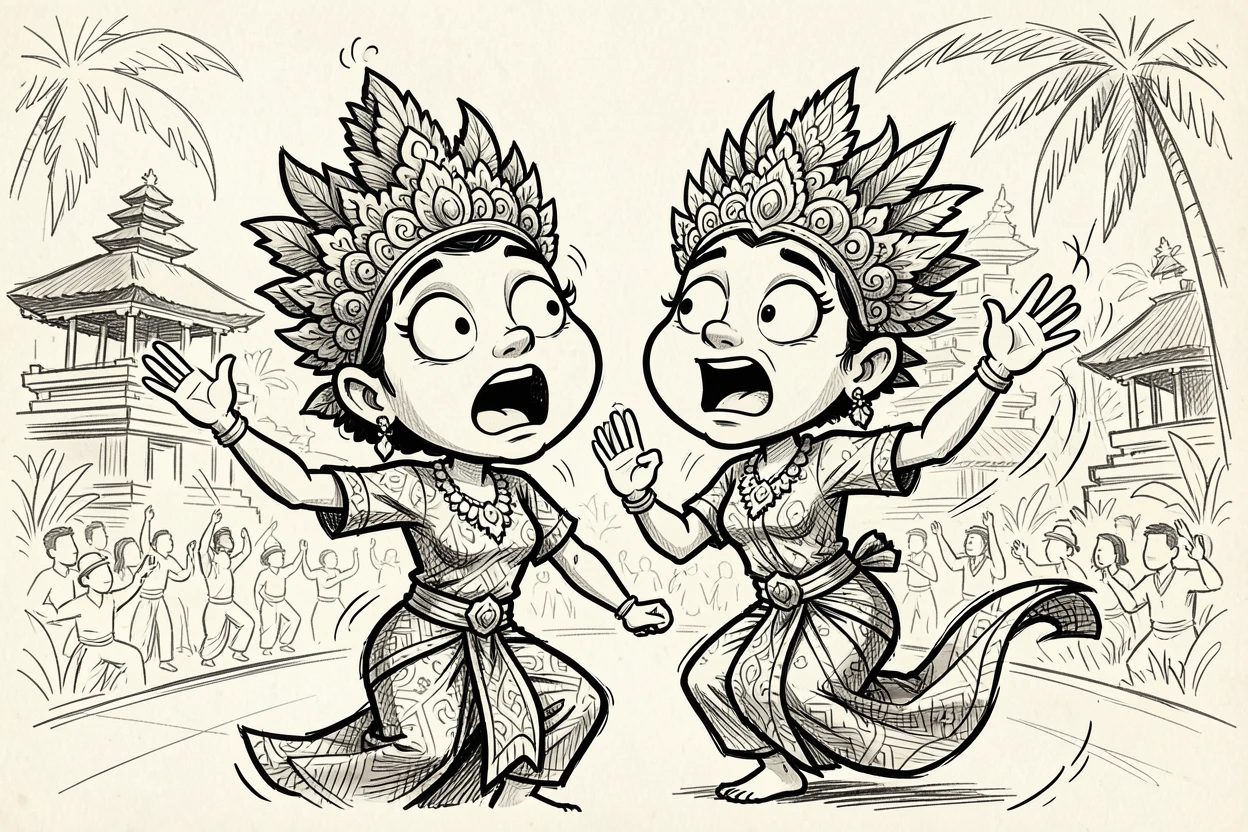 [Travel & Cultural Experiences] Vivid travel scene of a couple watching a traditional dance performance in Bali, full of wonder and adventure