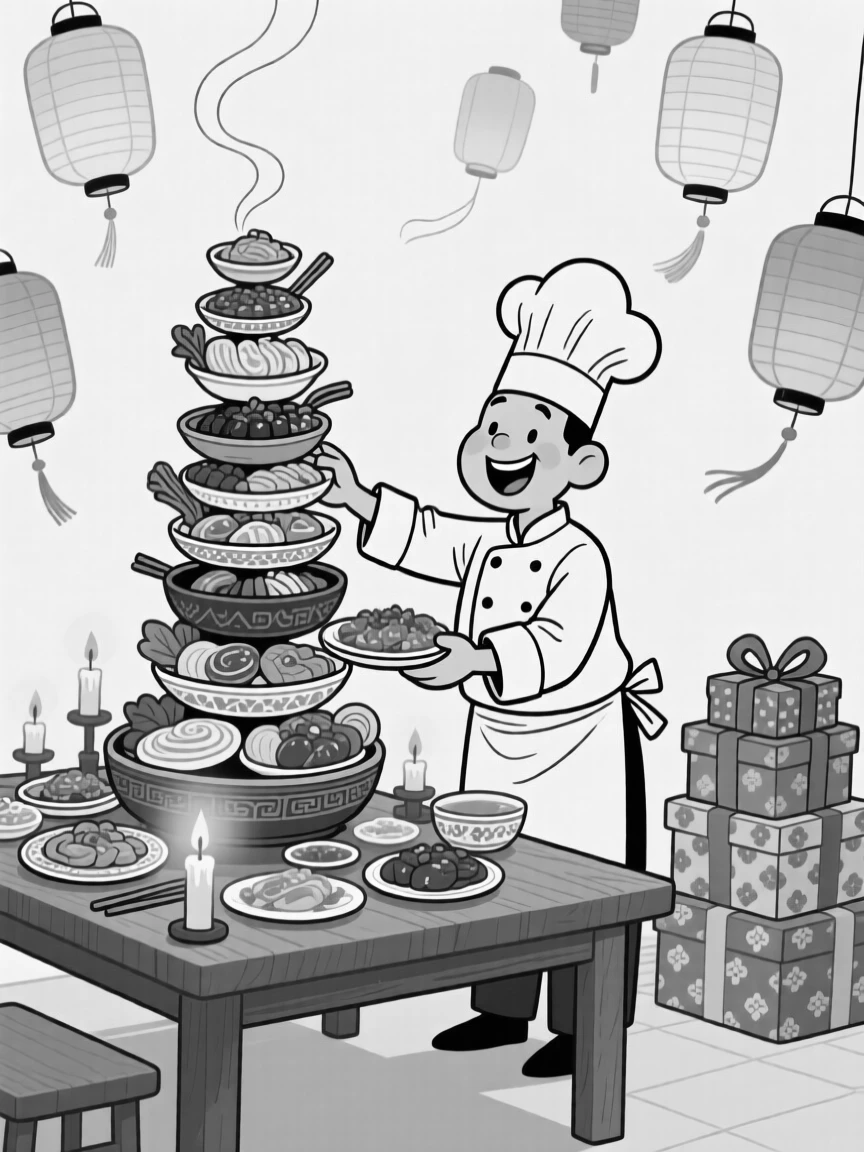 A chef presenting a towering traditional feast, letting the lanterns bob gently on the evening breeze, set around a table glowing with warm candlelight. A stack of gifts wrapped in bright paper waits nearby. The image feels like a snapshot of pure, collective happiness.
