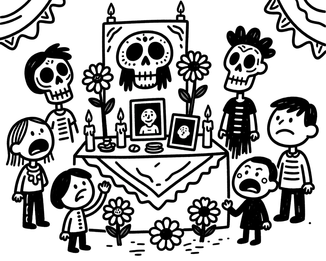 A Día de los Muertos altar decorated with marigolds, candles, and photographs.