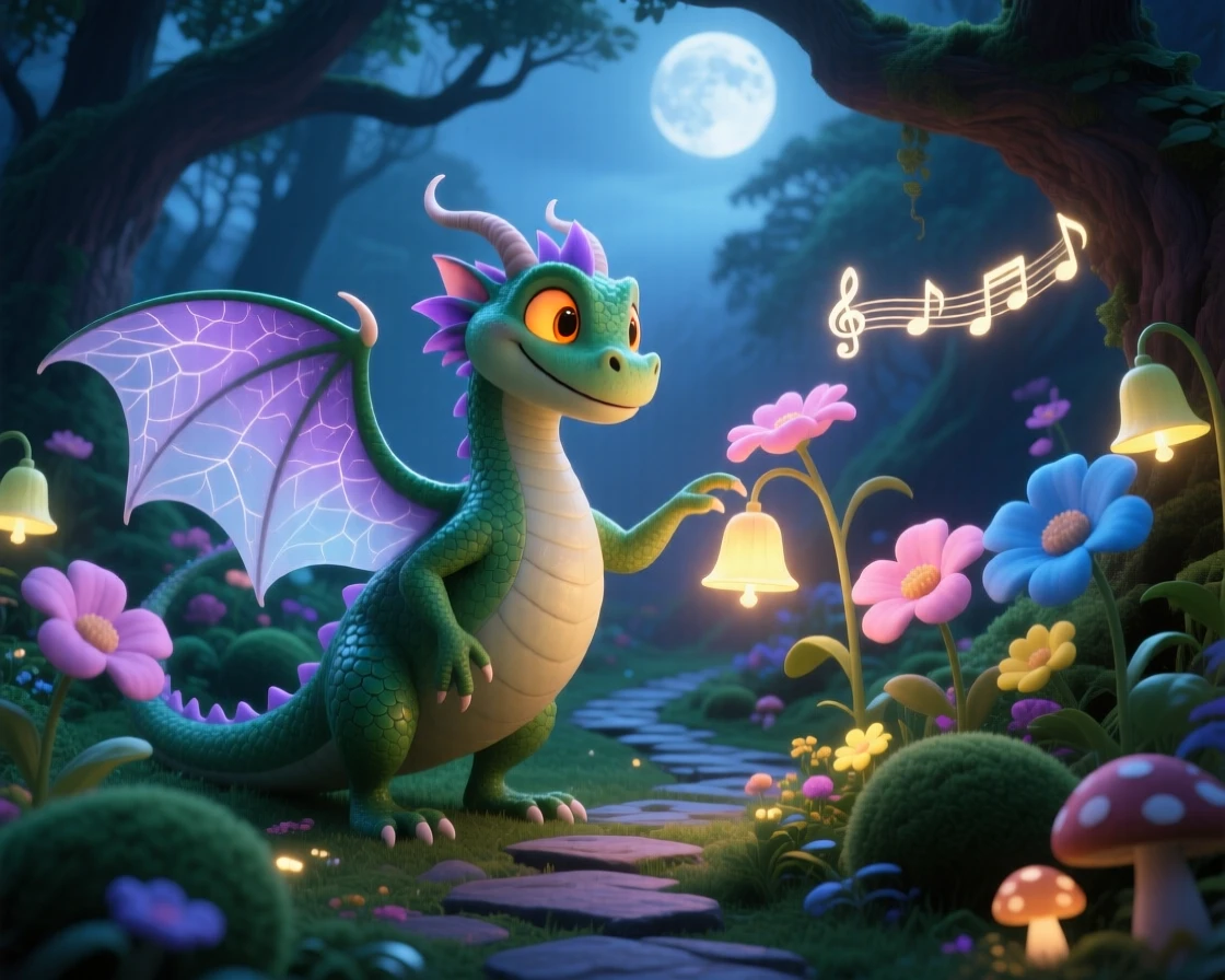 A gentle forest dragon stands in a garden where flowers chime like bells, guiding lost travelers with a soft glow. The atmosphere feels mystical yet warmly inviting, with delicate wings catching the moonlight.