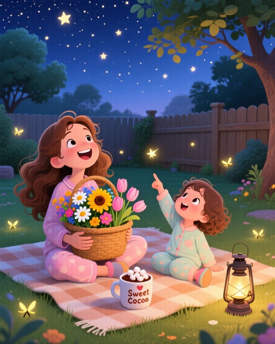 A girl with a basket of flowers laughs while stargazing from a backyard blanket together with his little sister, with a warm cup of cocoa nearby.
