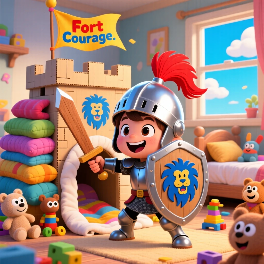A kid imagining themselves as a knight defending a blanket-fort castle.