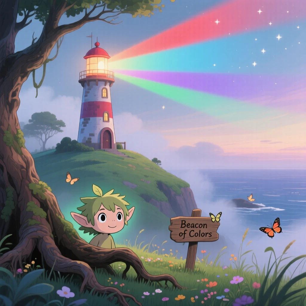 A lighthouse that beams color instead of light, where a friendly forest spirit peeking from behind a root can be seen nearby, the atmosphere dreamlike and inviting.