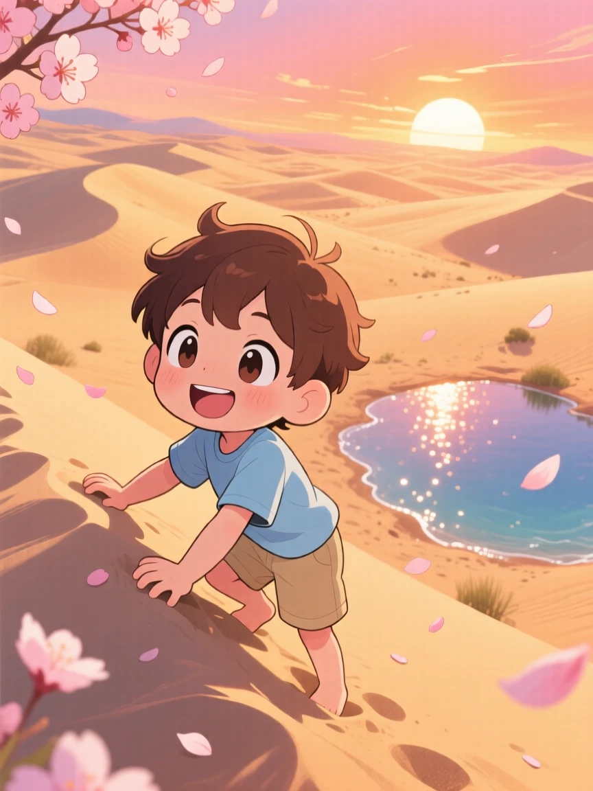 A small boy climbing a gentle sand dune at sunset, framed as a high aerial view within a golden desert landscape, as cherry blossom petals drift on the breeze, glowing under shimmering reflected light off water, evoking giggling amusement.