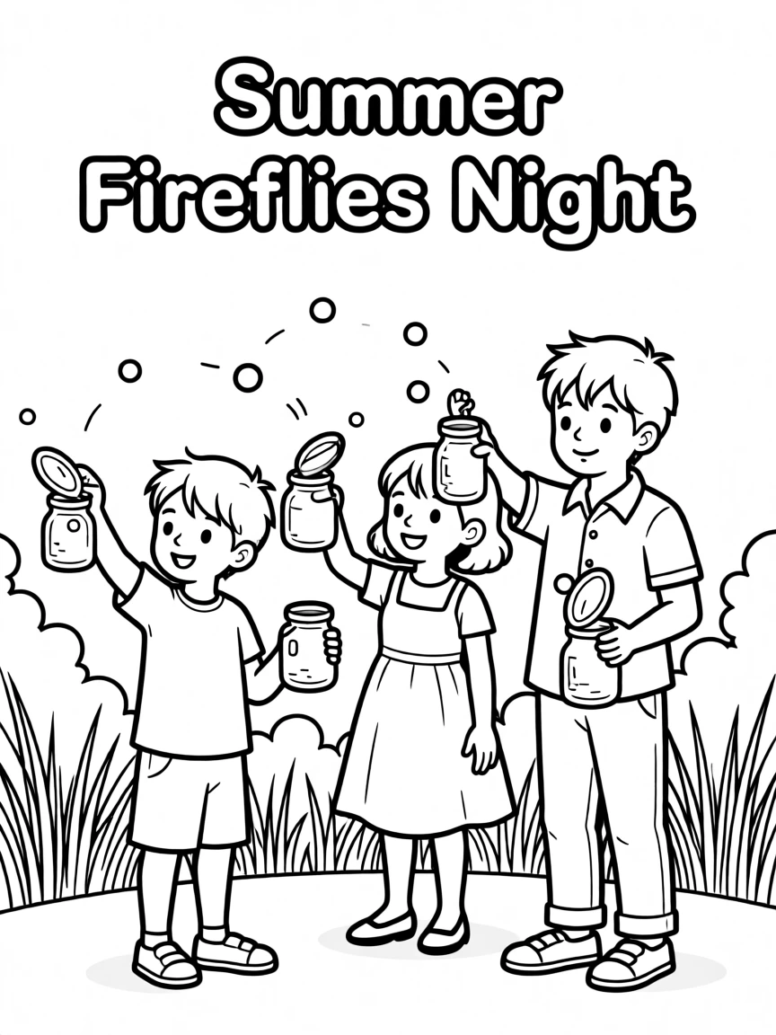 A summer fireflies night with children catching them in jars