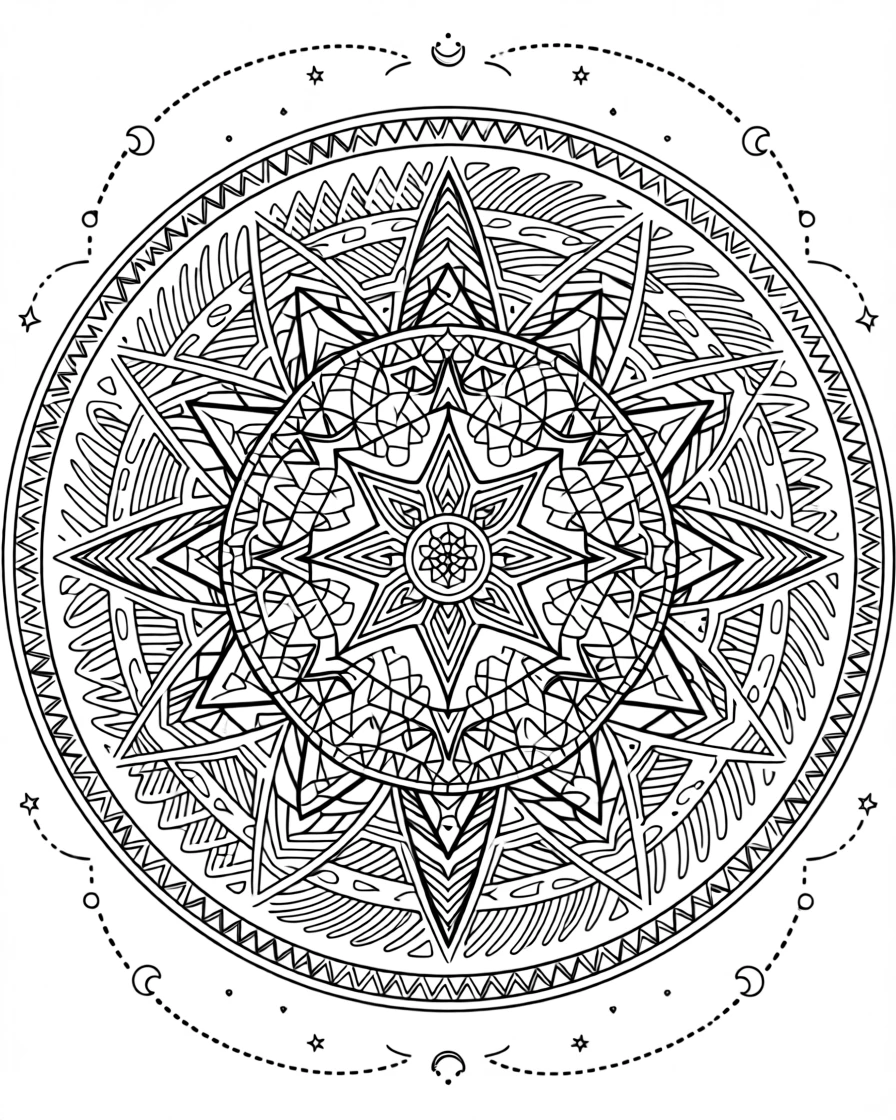 A mandala composed of nested star-and-crescent geometric patterns.