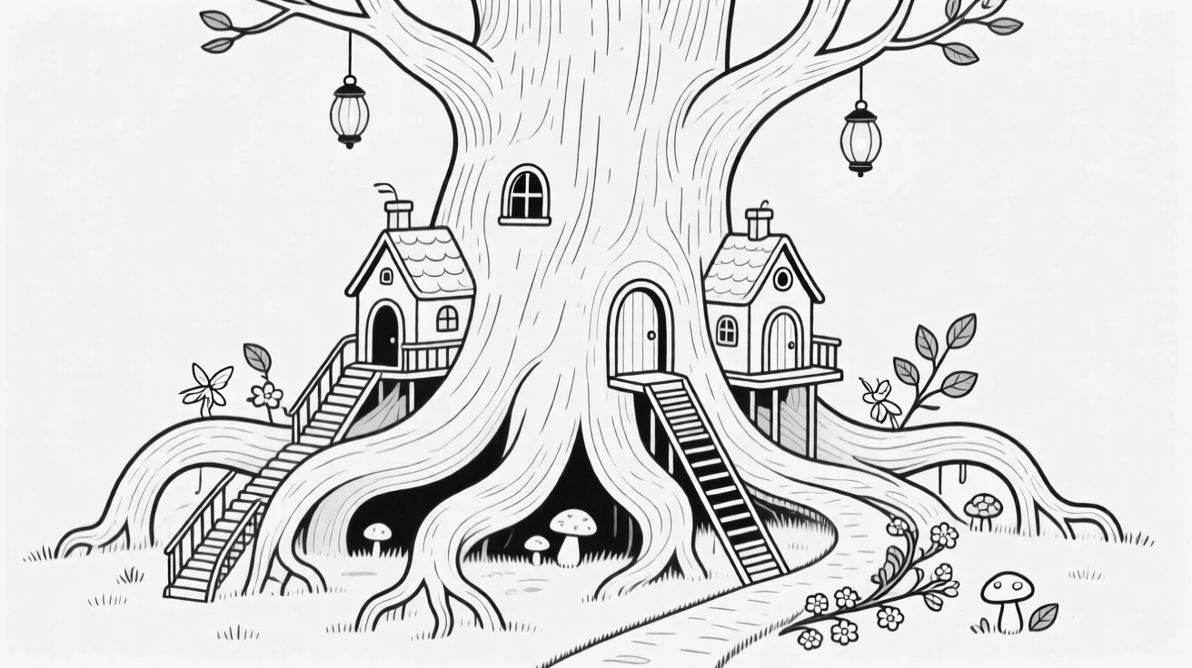 A fairy village built into the roots of a giant tree