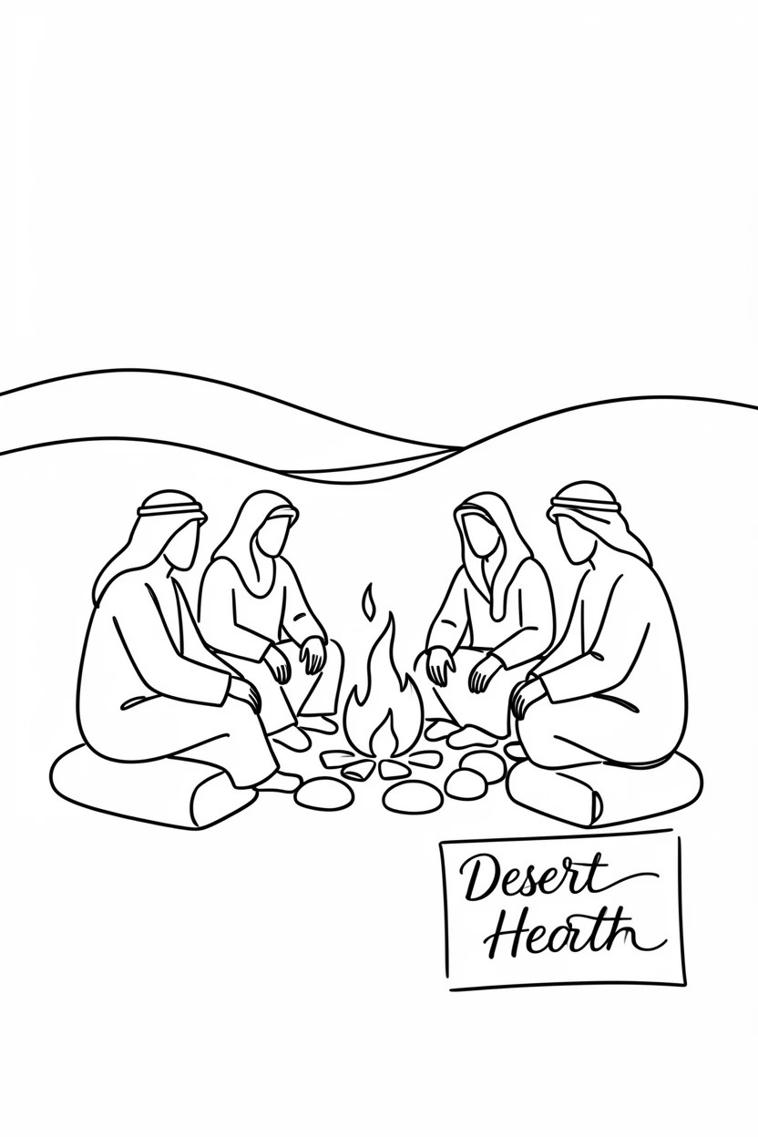 A Bedouin family gathered around a fire in the desert at night