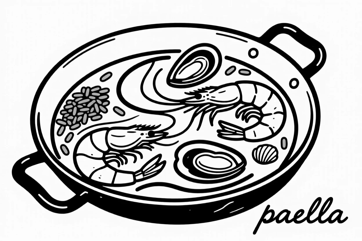 A rustic paella pan filled with saffron rice, shrimp, and mussels.