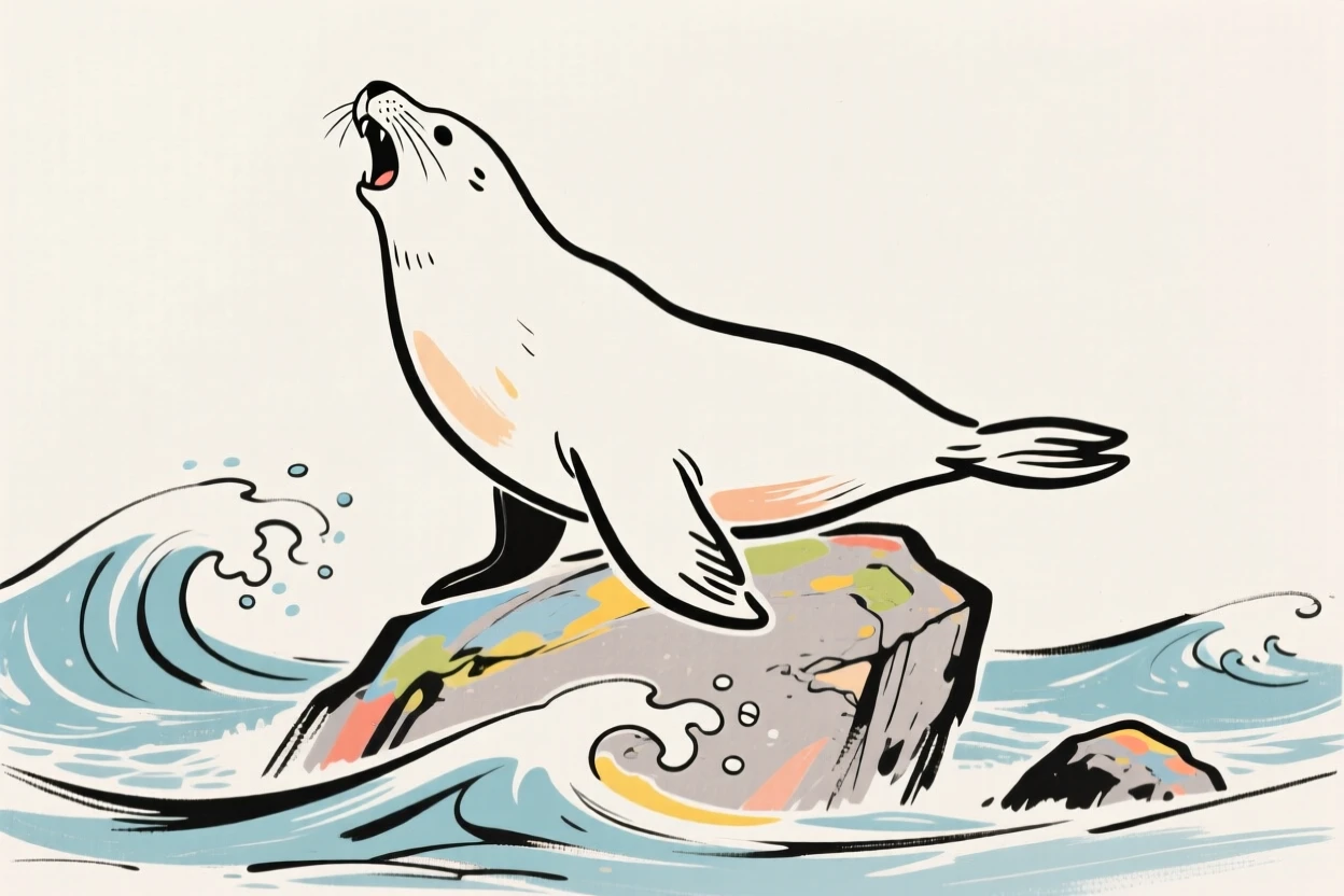 A sea lion balancing on a rock while barking at the waves.