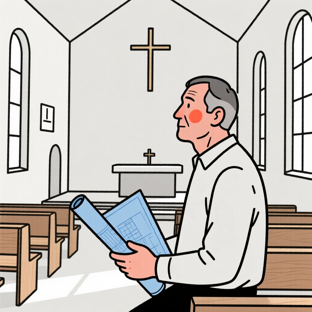 An architect of polish heritage reviewing blueprints, gazing thoughtfully into the distance, in a quiet chapel.