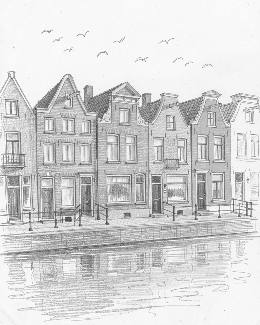 A stunning view of a colorful row of canal houses bathed in warm afternoon light, with birds circling overhead.