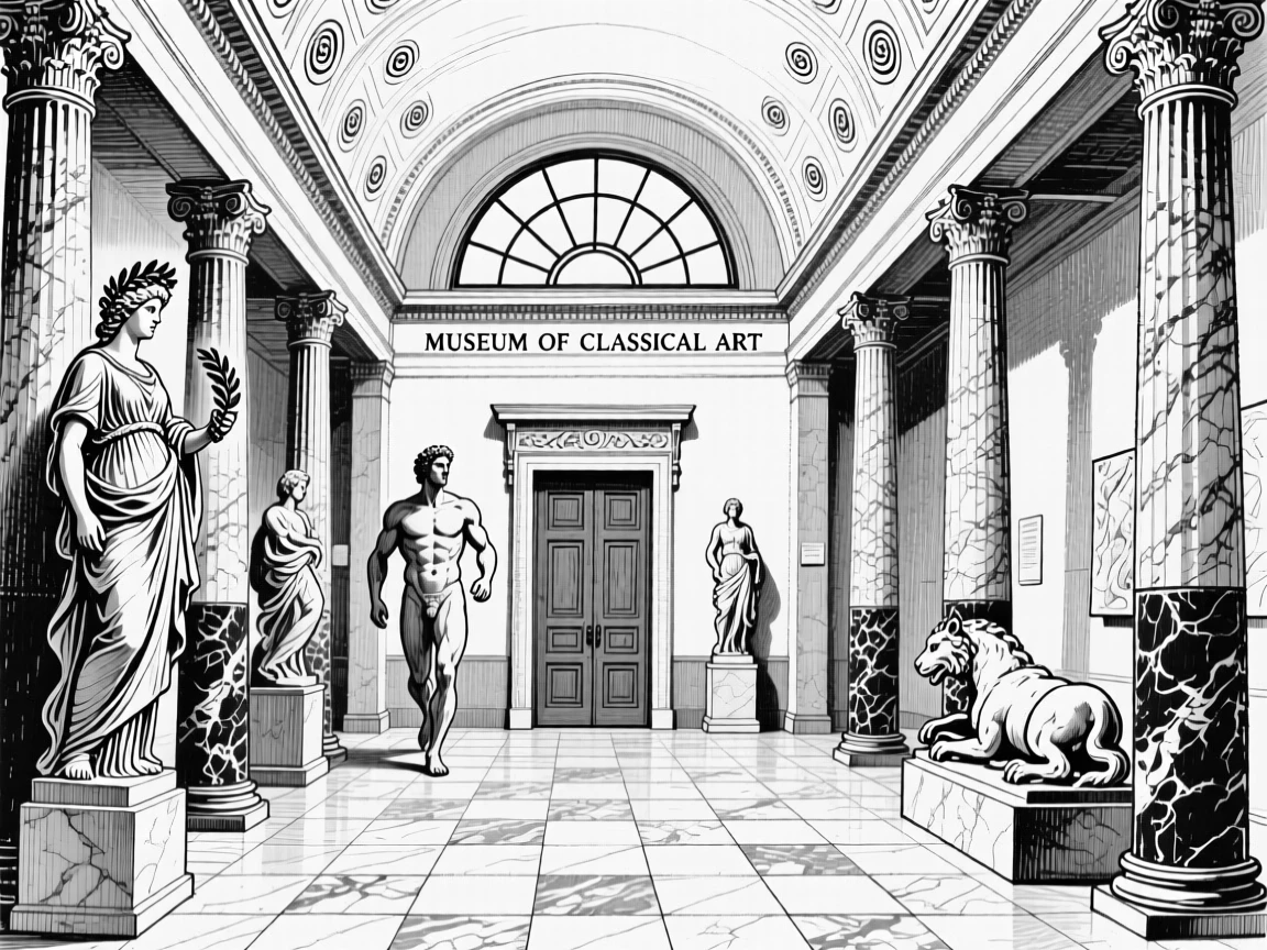 A grand museum hall filled with classical sculptures and marble columns.