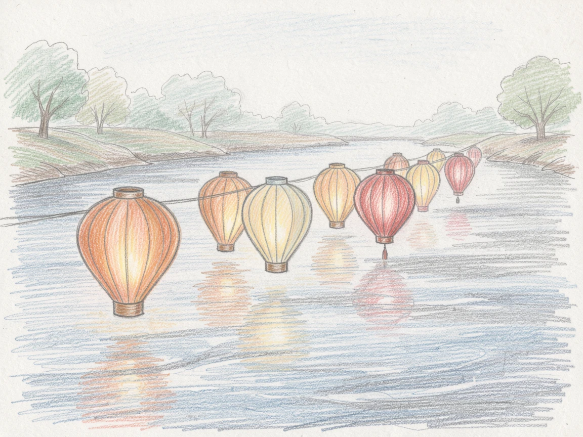 A row of paper lanterns floating gently down a quiet river, arranged with simple, uncluttered composition, celebrating stillness, simplicity, and inner peace.