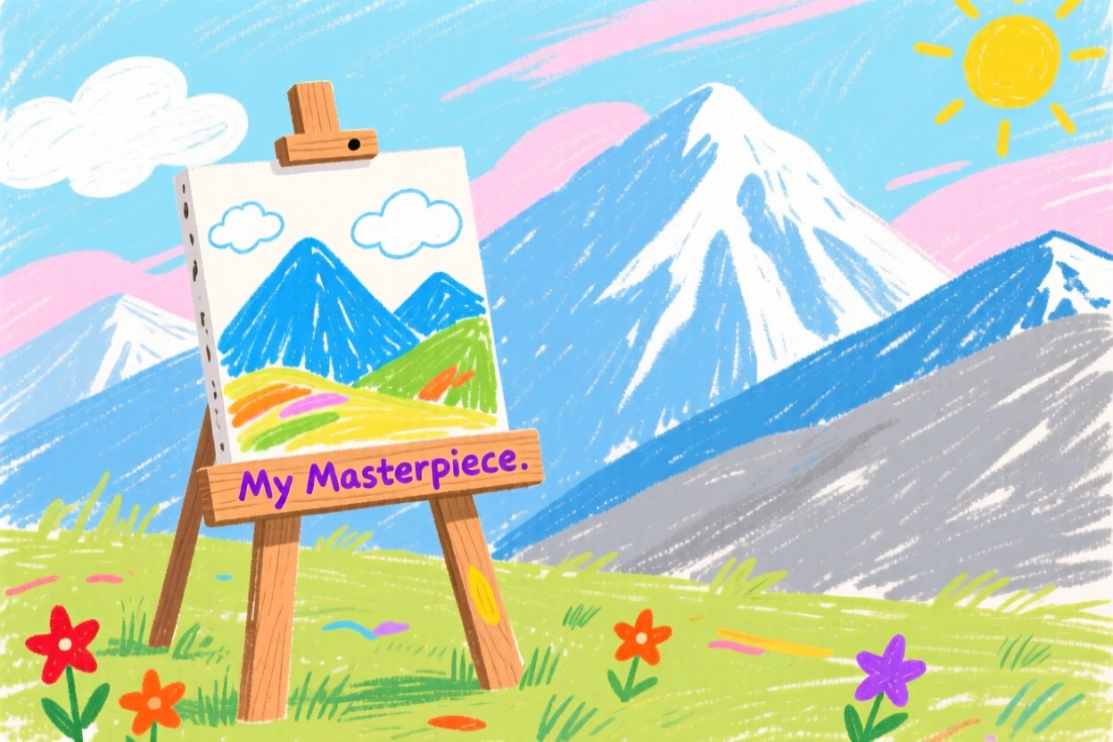 A painter's easel set up before a scenic mountain view.