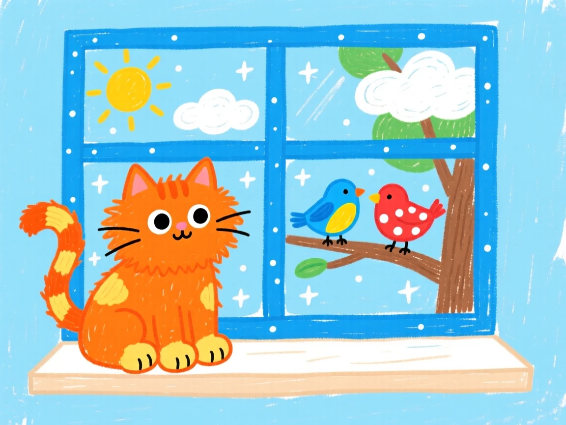 A fluffy orange kitten watching birds from a windowsill.