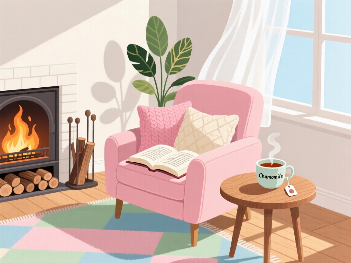 A cozy fireplace reading session with a cup of hot tea, set in a bright, sunlit room with soft natural light, arranged with layered textures creating visual interest, with gentle pastel tones evoking calm and comfort.