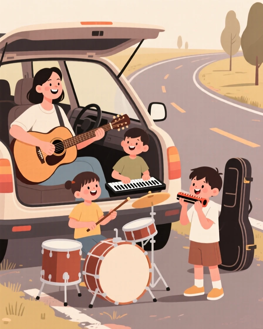 A family playing music together during a road trip.