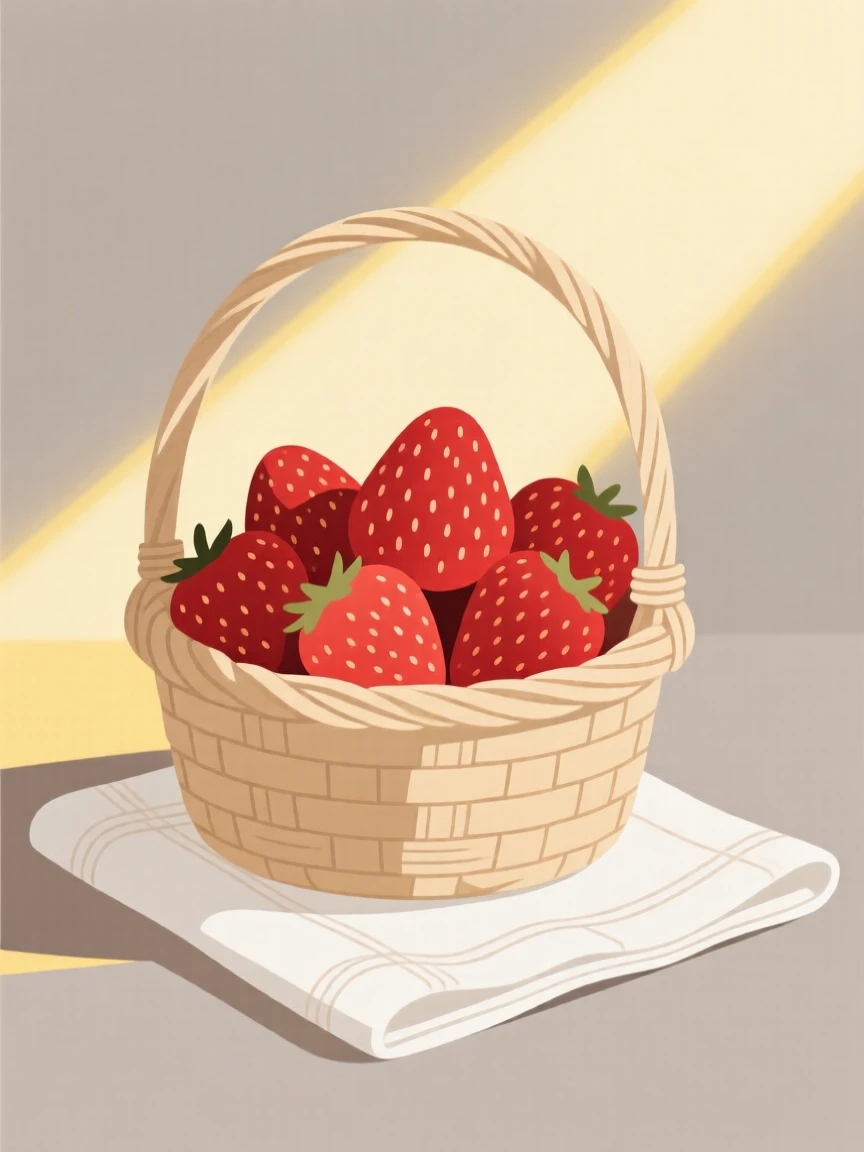 A freshly prepared basket of ripe strawberries served on a linen napkin, set in a sunny farmhouse kitchen, inviting fresh vibrance.