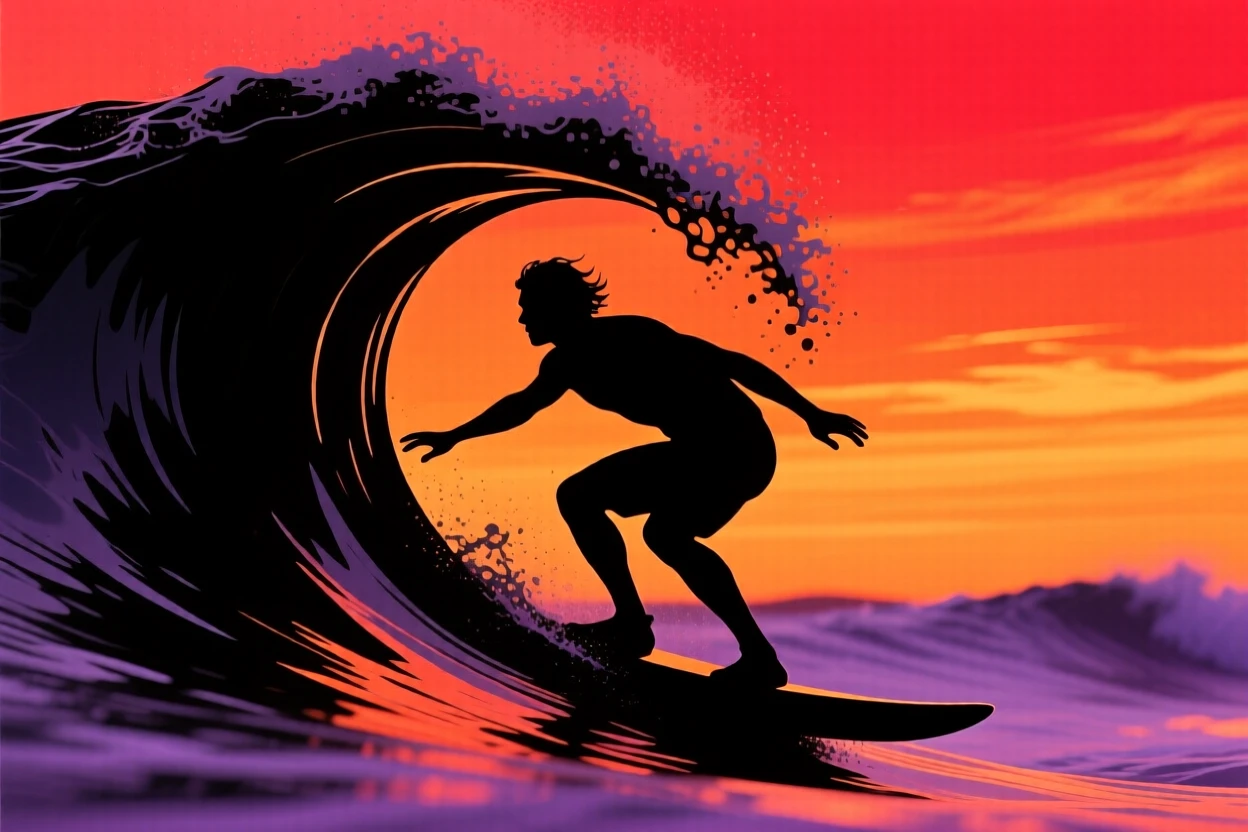 A surfer crouched low, riding inside the curl of a breaking wave.