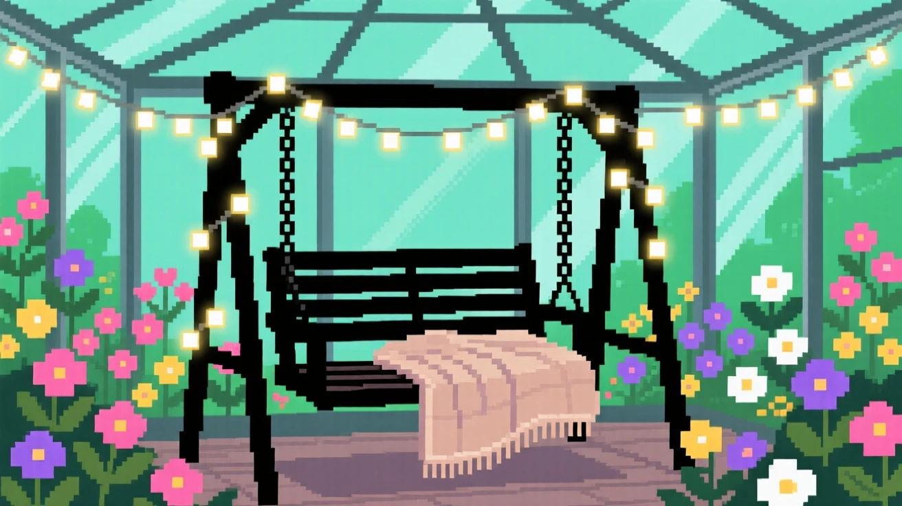 A covered porch swing covered in blankets and fairy lights, in a greenhouse full of blooming flowers.
