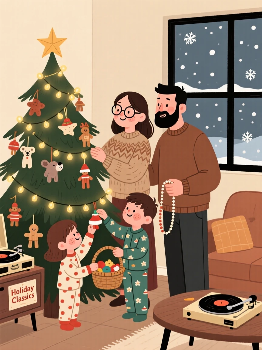 A family decorates a evergreen in the corner with handmade ornaments and twinkling lights while an old holiday record plays softly and snow drifts silently outside the window.