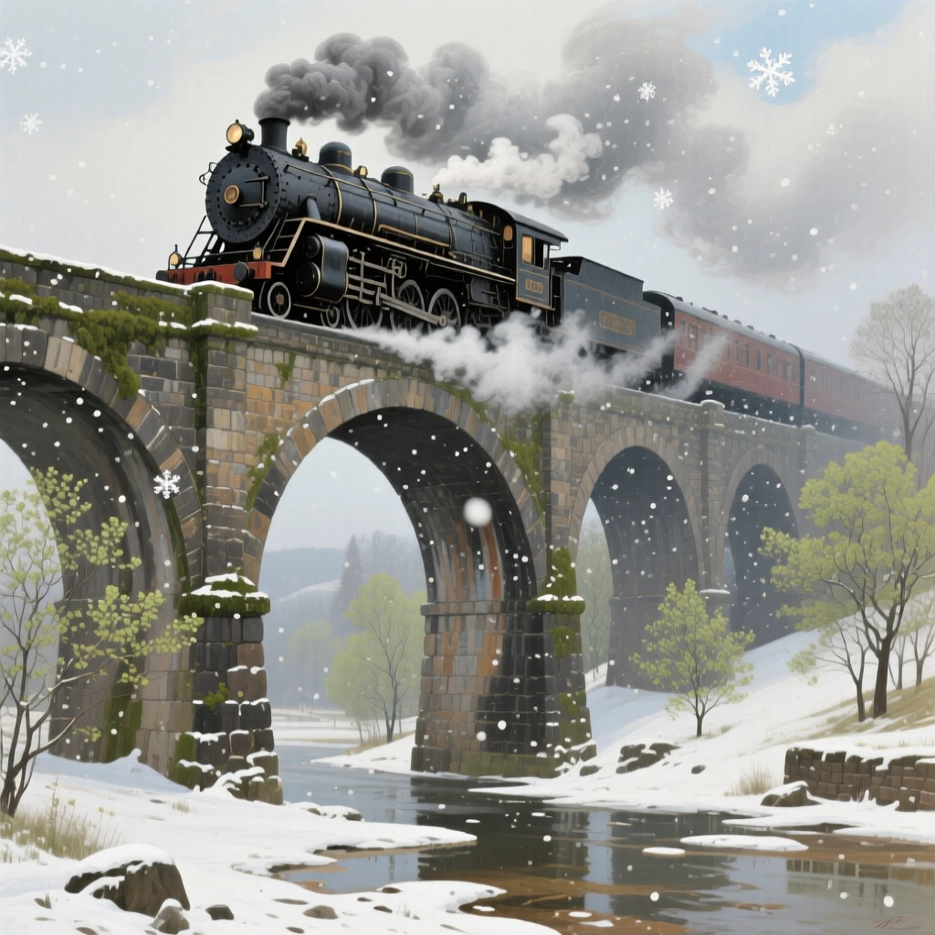 A balanced composition of a steam locomotive thundering across a stone viaduct wreathed in smoke, in gentle falling snow, in late spring.