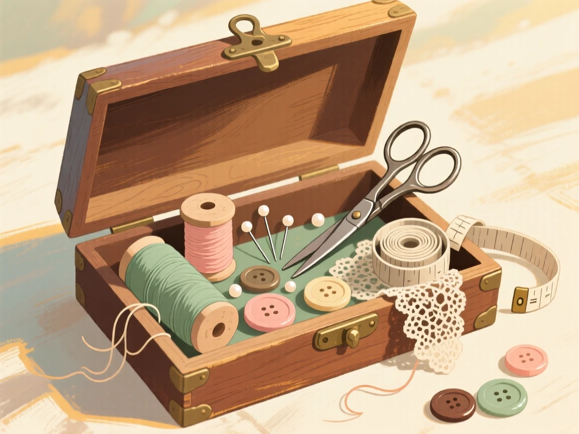 A collection of vintage sewing notions in a wooden box