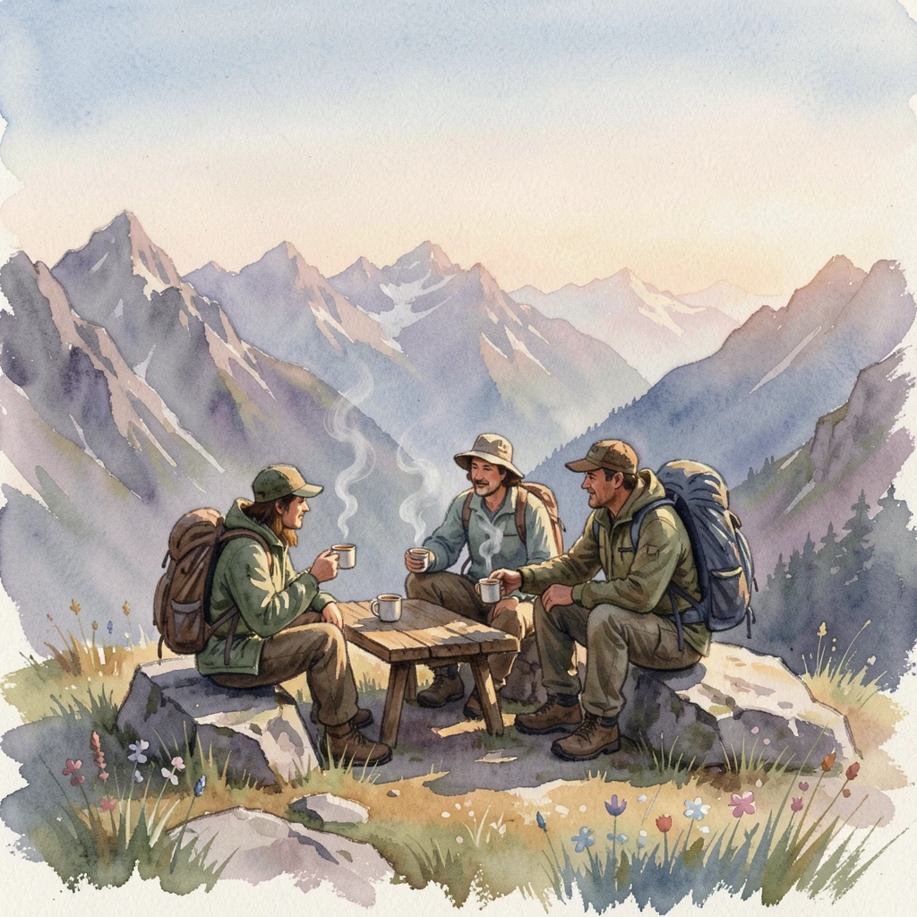 A group of hikers pausing to admire a mountain view with a warm cup of tea nearby.
