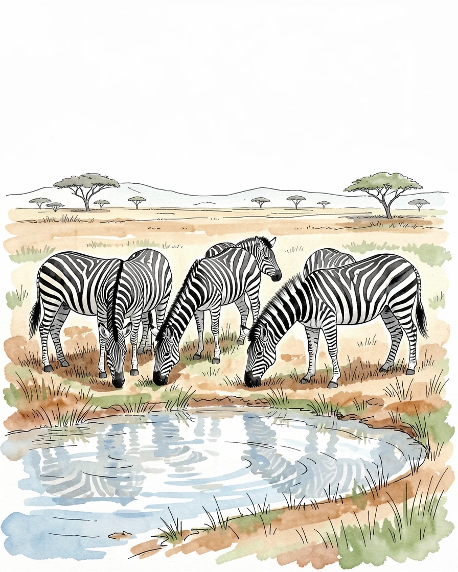 A herd of zebras grazing calmly beside a watering hole, the surrounding landscape stretching wide and open behind them.