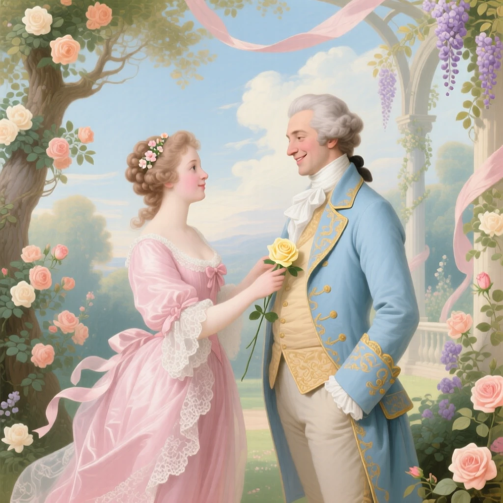 A lady slipping a flower into her admirer’s coat pocket  