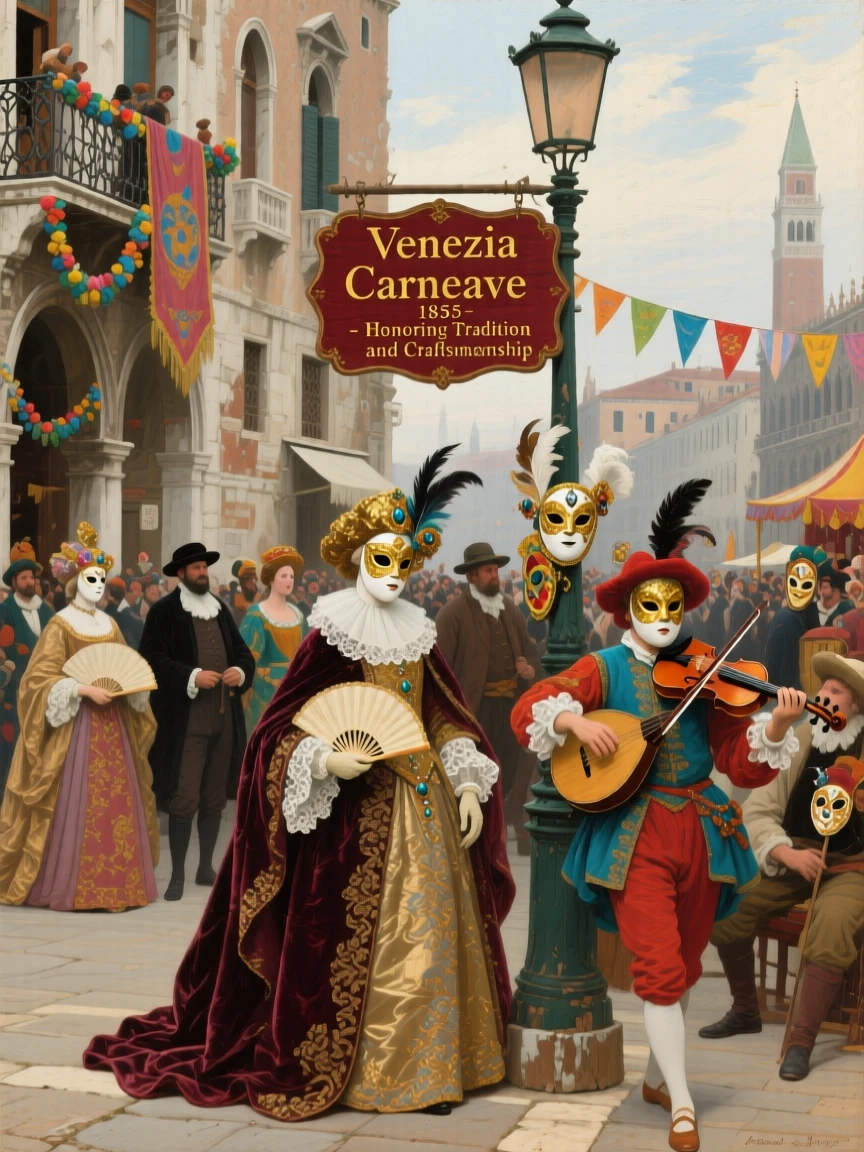 A grand Venetian carnival with masked figures in elaborate costume, with authentic textures and materials true to the historical period, honoring the customs, craftsmanship, and spirit of the time