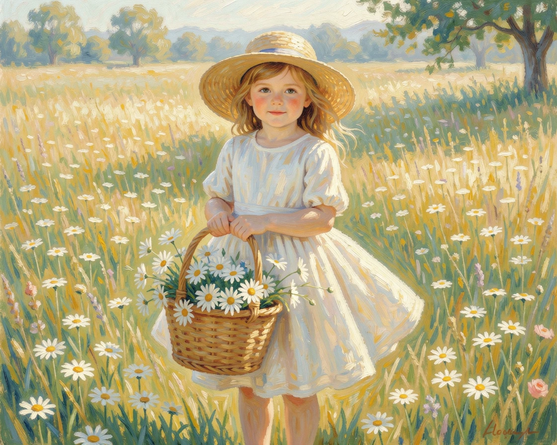 A little girl in a straw hat picking wildflowers in a sunlit meadow, her basket half full of daisies.